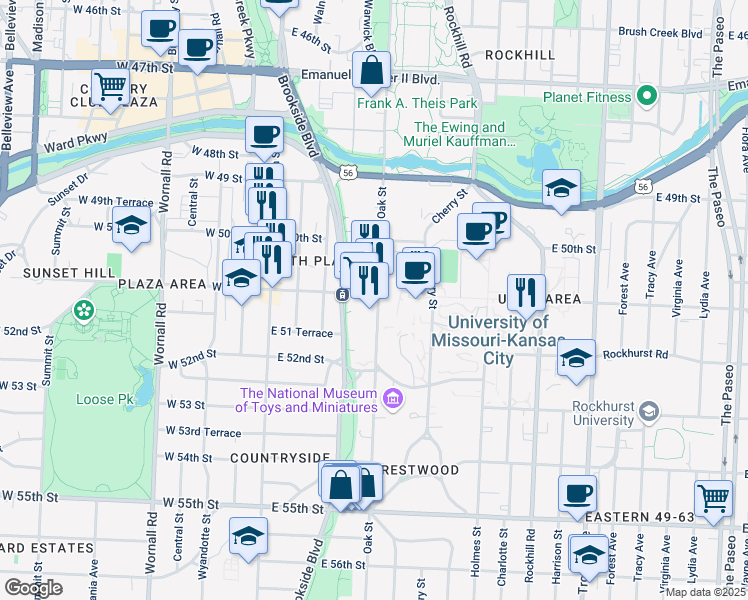 map of restaurants, bars, coffee shops, grocery stores, and more near 5100 Oak Street in Kansas City