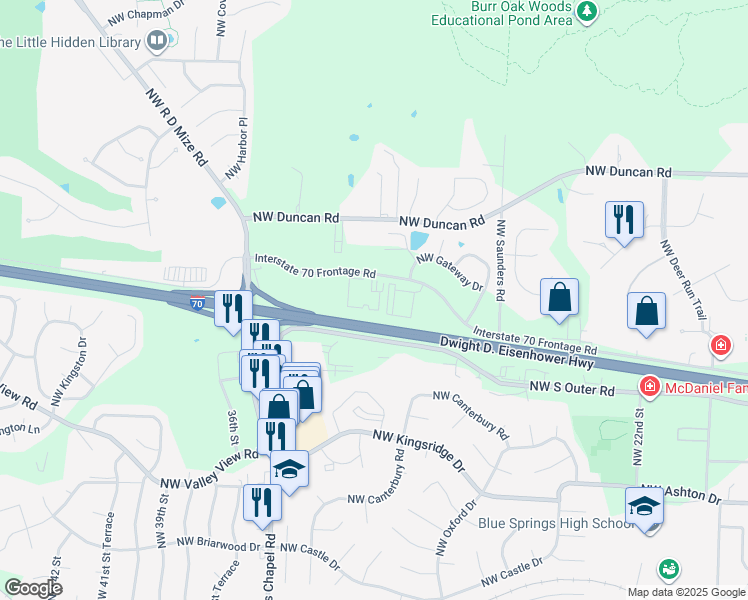 map of restaurants, bars, coffee shops, grocery stores, and more near 3170 Northwest Jefferson Street in Blue Springs