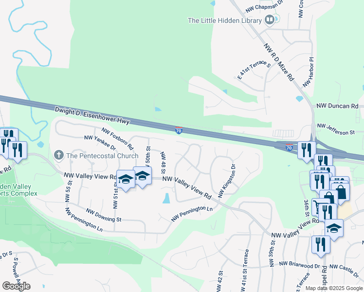 map of restaurants, bars, coffee shops, grocery stores, and more near 4600 Northwest Amesbury Place in Blue Springs