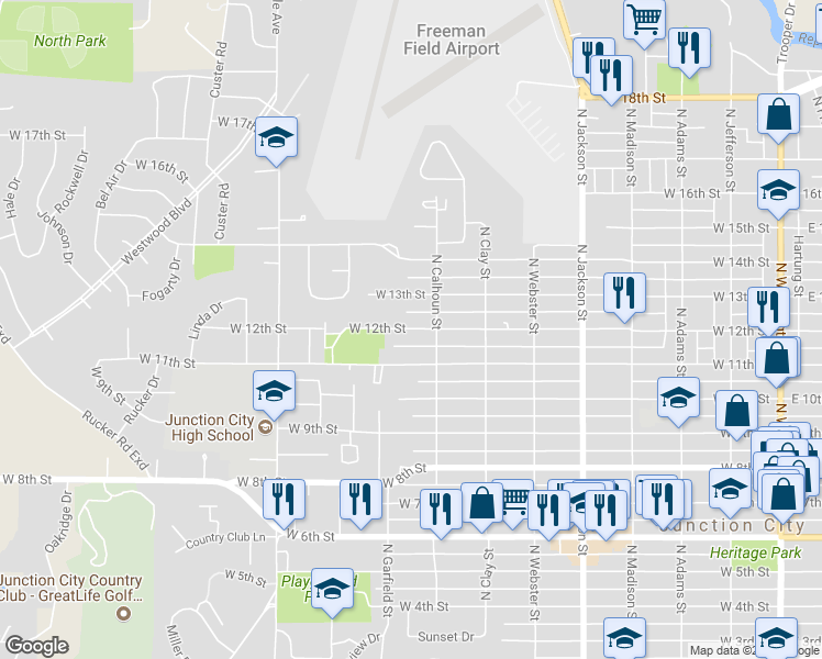 map of restaurants, bars, coffee shops, grocery stores, and more near 827 West 12th Street in Junction City