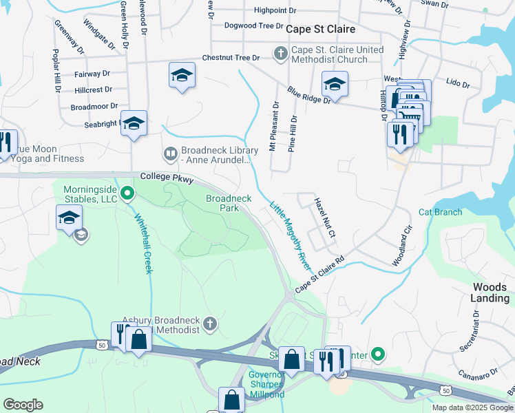 map of restaurants, bars, coffee shops, grocery stores, and more near 1012 Commanders Way North in Annapolis