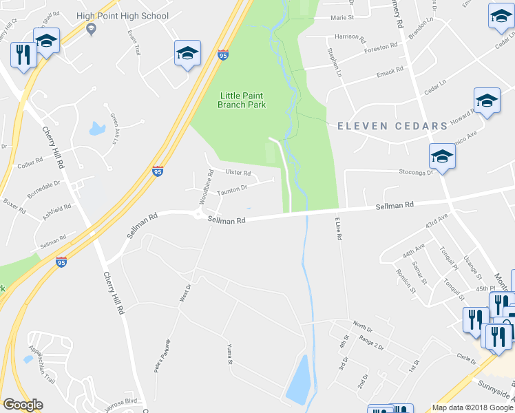 map of restaurants, bars, coffee shops, grocery stores, and more near 3800 Sellman Road in Beltsville