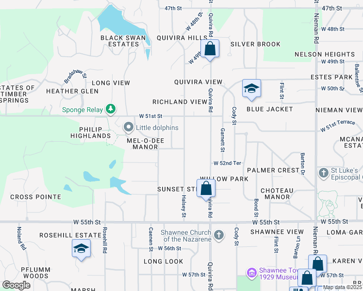 map of restaurants, bars, coffee shops, grocery stores, and more near 5160 Halsey Street in Shawnee