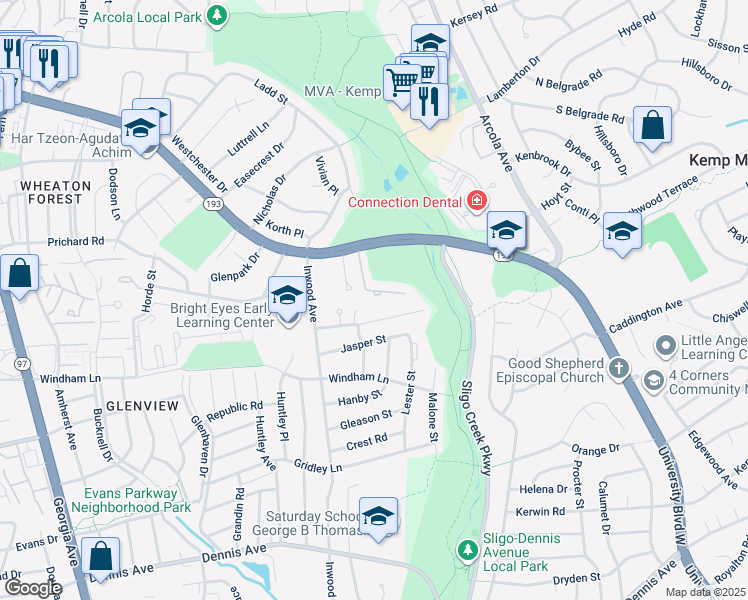 map of restaurants, bars, coffee shops, grocery stores, and more near 10934 Rocky Mount Way in Silver Spring