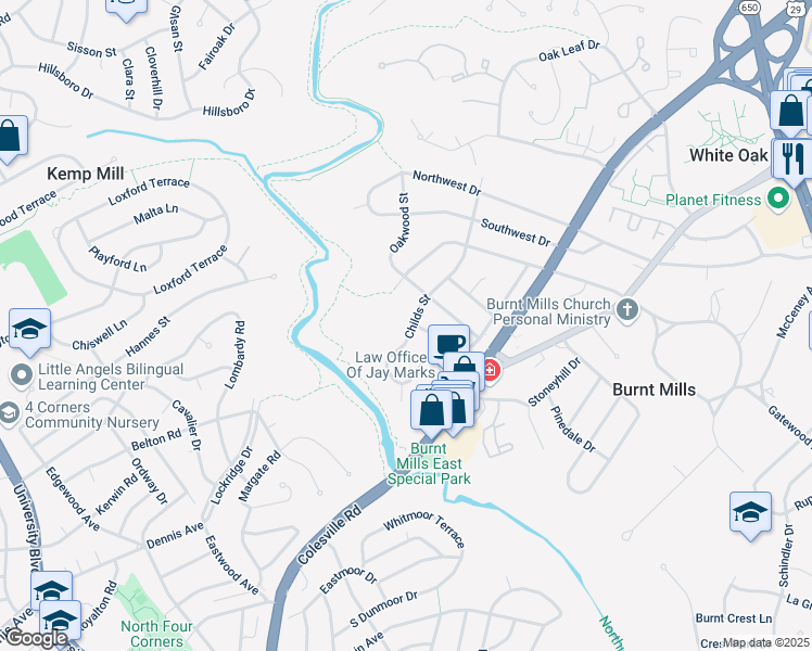 map of restaurants, bars, coffee shops, grocery stores, and more near 10846 Childs Street in Silver Spring