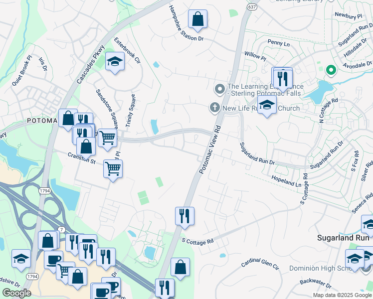 map of restaurants, bars, coffee shops, grocery stores, and more near 46534 River Meadows Terrace in Sterling
