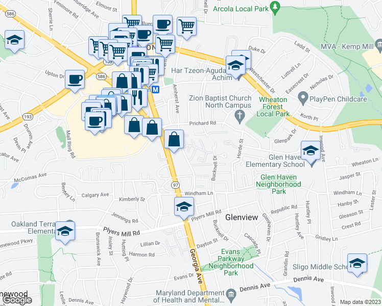 map of restaurants, bars, coffee shops, grocery stores, and more near 10901 Amherst Avenue in Wheaton-Glenmont