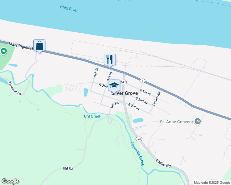 map of restaurants, bars, coffee shops, grocery stores, and more near 108 W 2nd St in Silver Grove