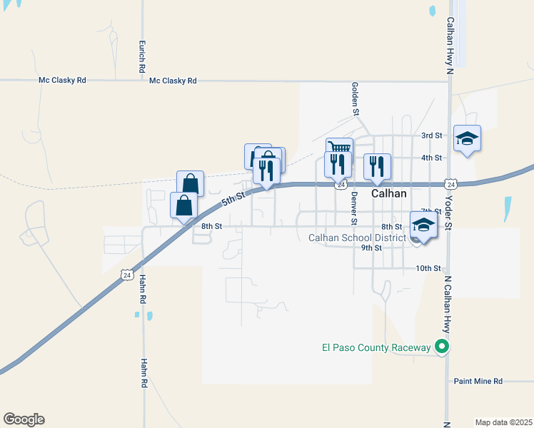 map of restaurants, bars, coffee shops, grocery stores, and more near 725 Fountain Street in Calhan
