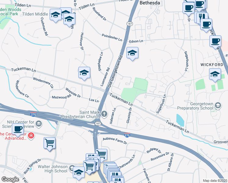 map of restaurants, bars, coffee shops, grocery stores, and more near 11023 Cedarwood Drive in Rockville