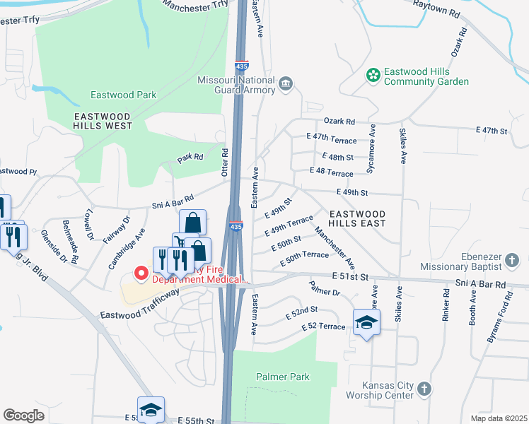 map of restaurants, bars, coffee shops, grocery stores, and more near 7404 East 49 Street in Kansas City