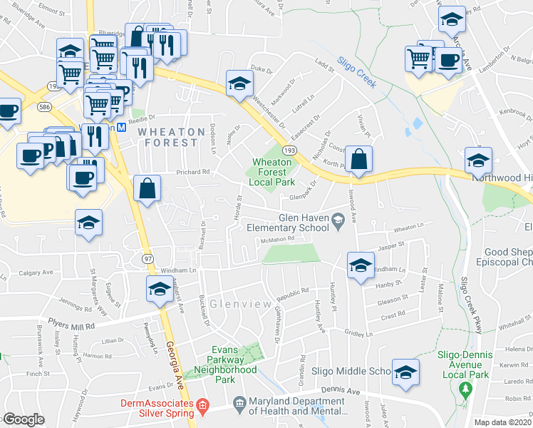 map of restaurants, bars, coffee shops, grocery stores, and more near 1904 Alberti Drive in Silver Spring