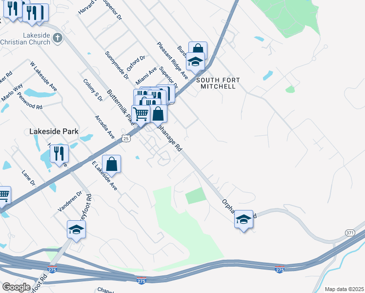 map of restaurants, bars, coffee shops, grocery stores, and more near 36 Orphanage Road in Fort Mitchell
