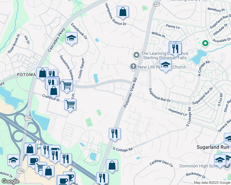 map of restaurants, bars, coffee shops, grocery stores, and more near 46534 River Meadows Terrace in Sterling