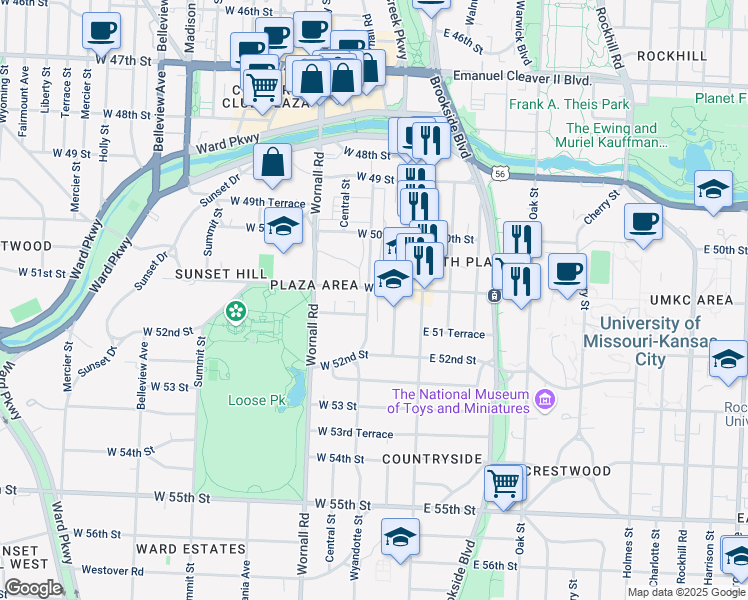 map of restaurants, bars, coffee shops, grocery stores, and more near 200 West 51 Terrace in Kansas City