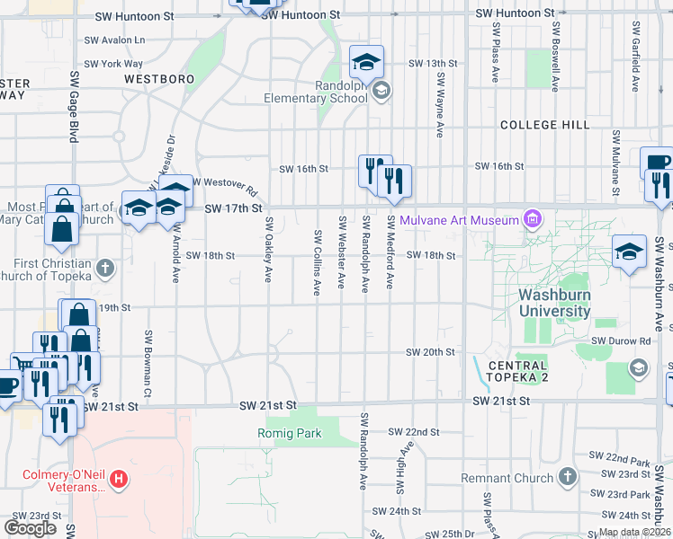 map of restaurants, bars, coffee shops, grocery stores, and more near 1812 Southwest Webster Avenue in Topeka