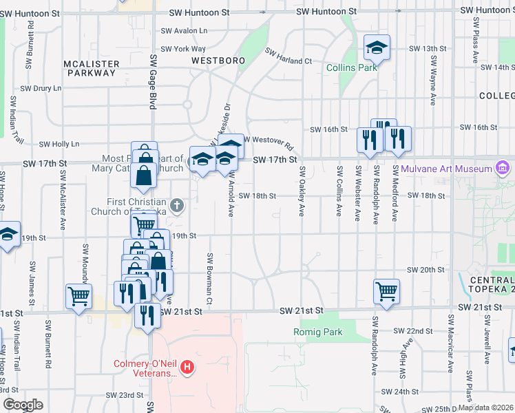 map of restaurants, bars, coffee shops, grocery stores, and more near 1812 Southwest Pembroke Lane in Topeka