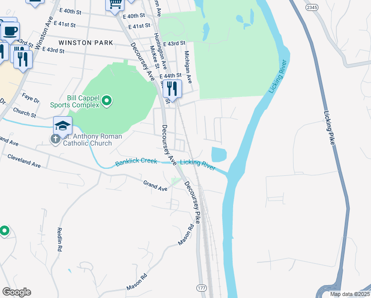 map of restaurants, bars, coffee shops, grocery stores, and more near 4620 Eureka Street in Covington