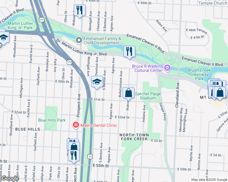 map of restaurants, bars, coffee shops, grocery stores, and more near 5019 Agnes Avenue in Kansas City