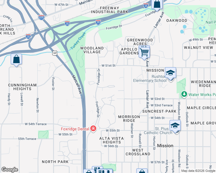 map of restaurants, bars, coffee shops, grocery stores, and more near 6820 West 52nd Place in Mission