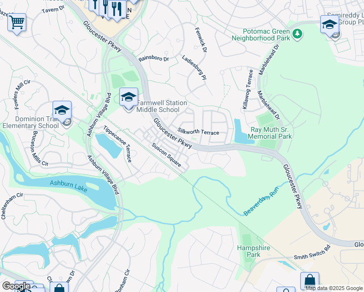 map of restaurants, bars, coffee shops, grocery stores, and more near 21025 Laporte Terrace in Ashburn