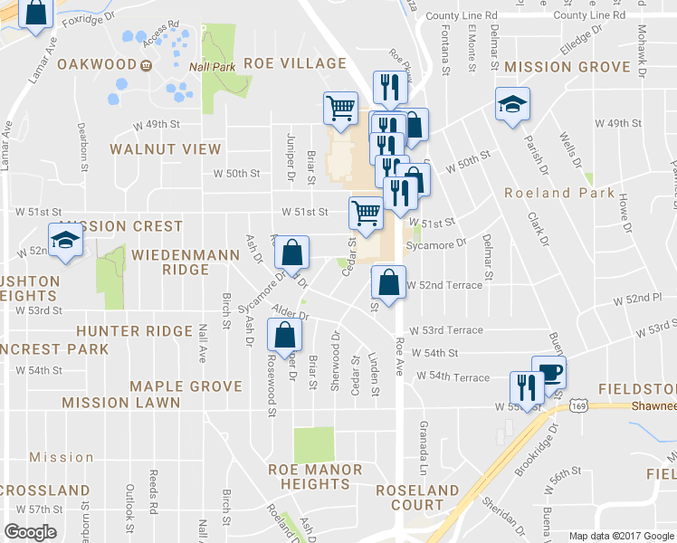 map of restaurants, bars, coffee shops, grocery stores, and more near 5210 Cedar Street in Roeland Park