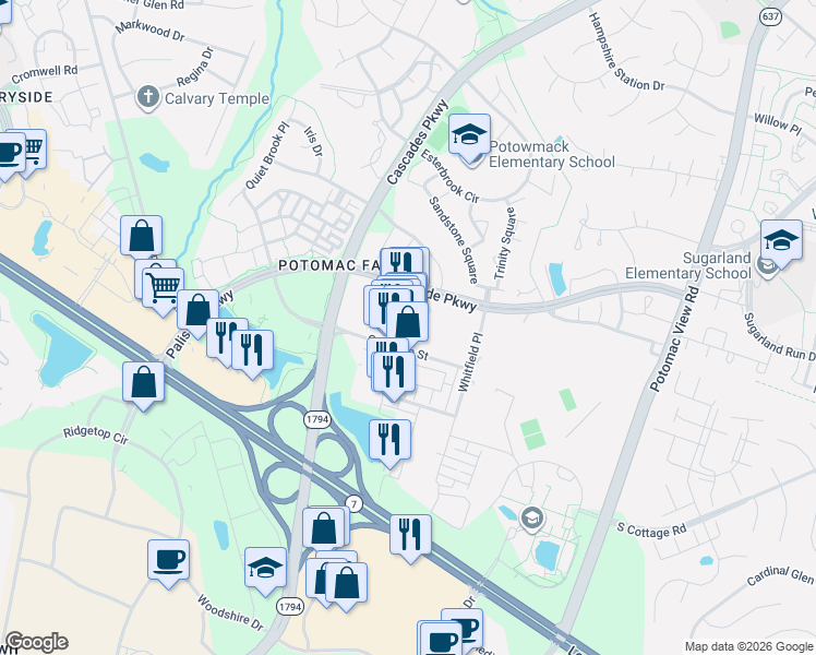 map of restaurants, bars, coffee shops, grocery stores, and more near 21012 Southbank Street in Sterling