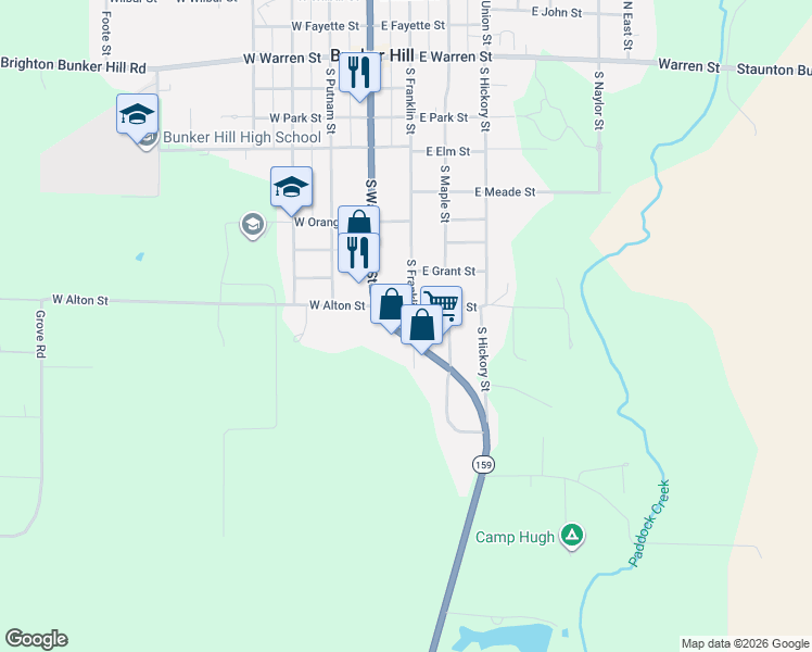 map of restaurants, bars, coffee shops, grocery stores, and more near 804 South Franklin Street in Bunker Hill