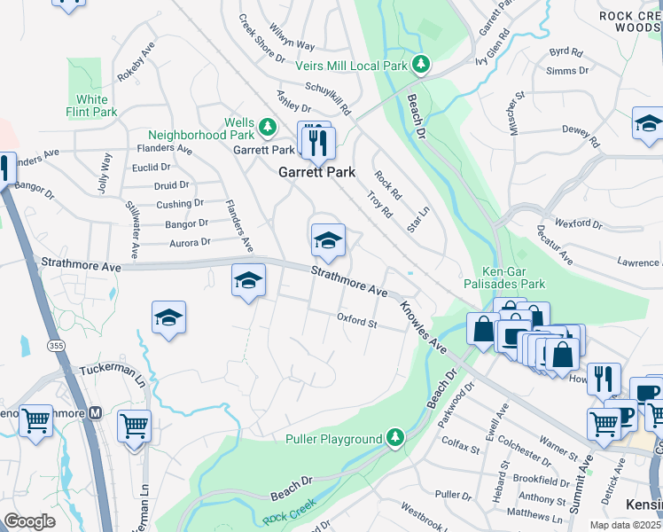map of restaurants, bars, coffee shops, grocery stores, and more near 4607 Strathmore Avenue in Garrett Park