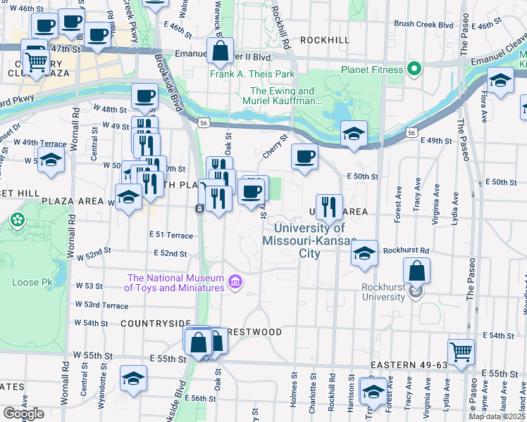 map of restaurants, bars, coffee shops, grocery stores, and more near 5100 Cherry Street in Kansas City