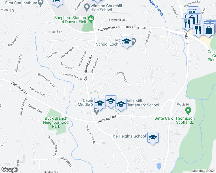 map of restaurants, bars, coffee shops, grocery stores, and more near 11014 Larkmeade Lane in Potomac
