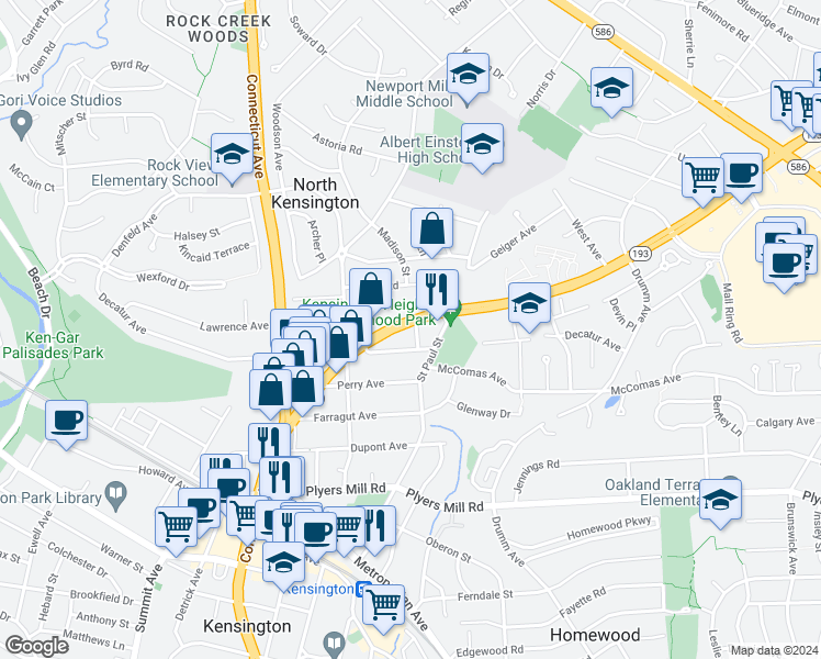 map of restaurants, bars, coffee shops, grocery stores, and more near 3500 University Boulevard West in Kensington