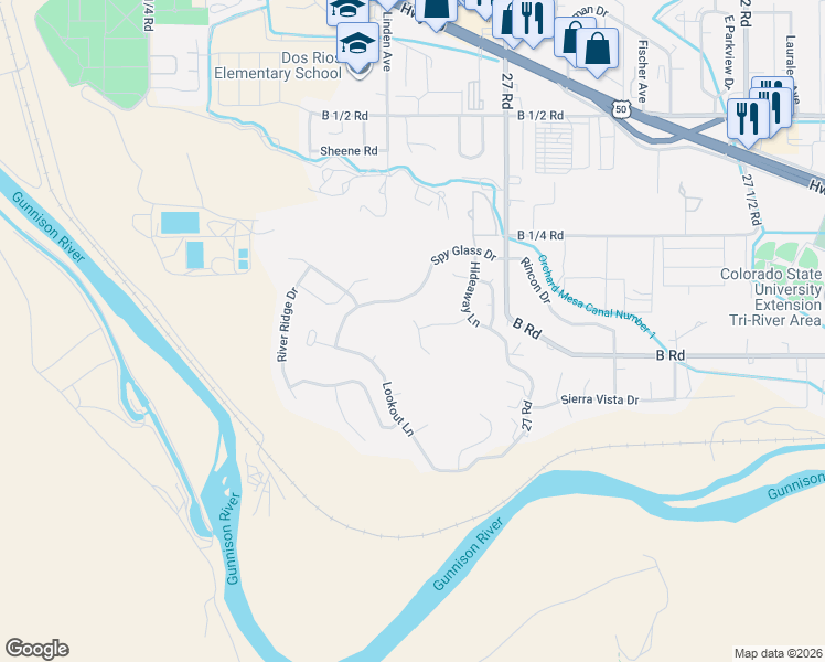 map of restaurants, bars, coffee shops, grocery stores, and more near 205 Secret Canyon Court in Grand Junction
