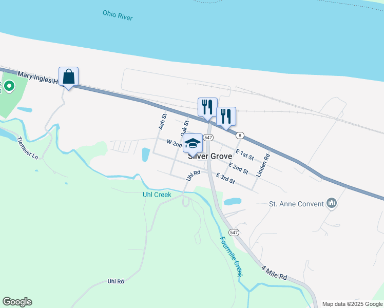 map of restaurants, bars, coffee shops, grocery stores, and more near 108 West 2nd Street in Silver Grove