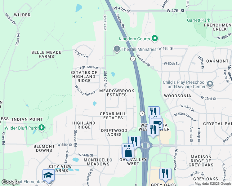 map of restaurants, bars, coffee shops, grocery stores, and more near 5205 Meadowsweet Lane in Shawnee