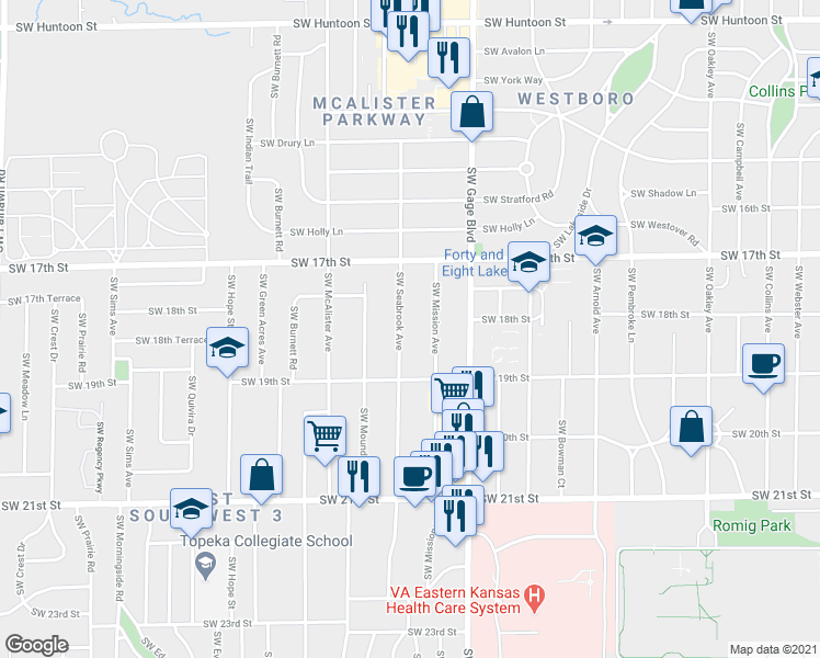 map of restaurants, bars, coffee shops, grocery stores, and more near 1804 Southwest Seabrook Avenue in Topeka