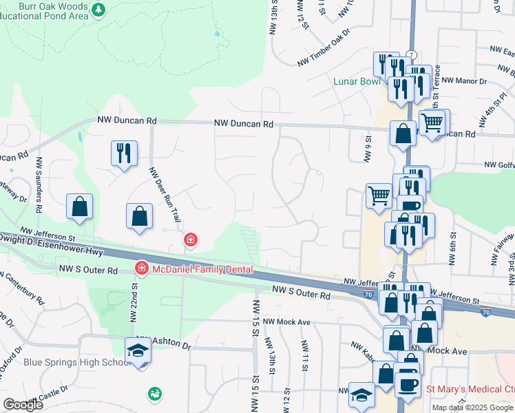 map of restaurants, bars, coffee shops, grocery stores, and more near 1414 Northwest Woodcreek Circle in Blue Springs