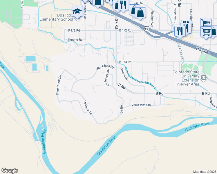 map of restaurants, bars, coffee shops, grocery stores, and more near 207 Hideaway Lane in Grand Junction