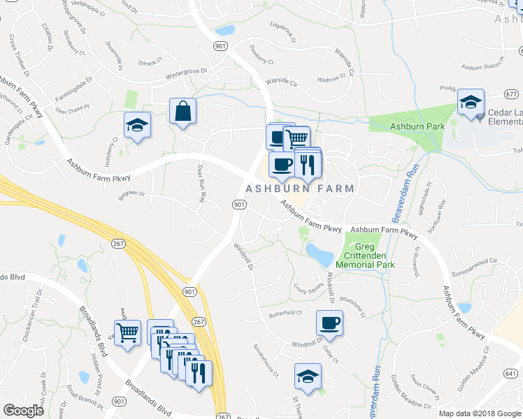 map of restaurants, bars, coffee shops, grocery stores, and more near 43296 Railstop Terrace in Ashburn