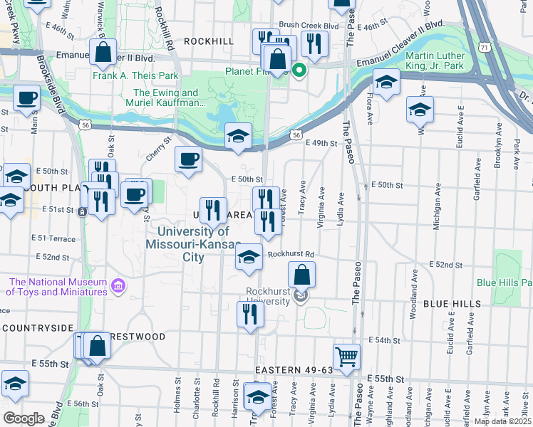 map of restaurants, bars, coffee shops, grocery stores, and more near 1150 East 51st Street in Kansas City