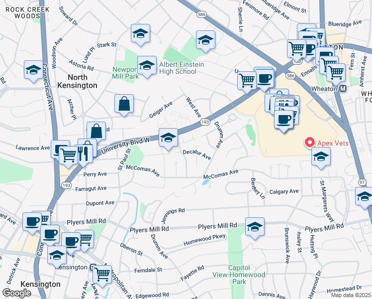 map of restaurants, bars, coffee shops, grocery stores, and more near 10901 Hobson St in Kensington
