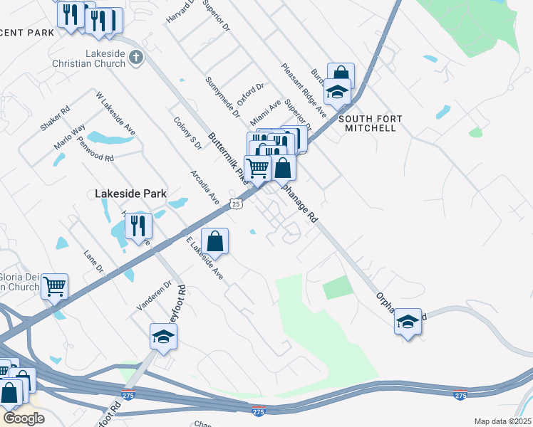 map of restaurants, bars, coffee shops, grocery stores, and more near 15 Huckleberry Hill in Fort Mitchell
