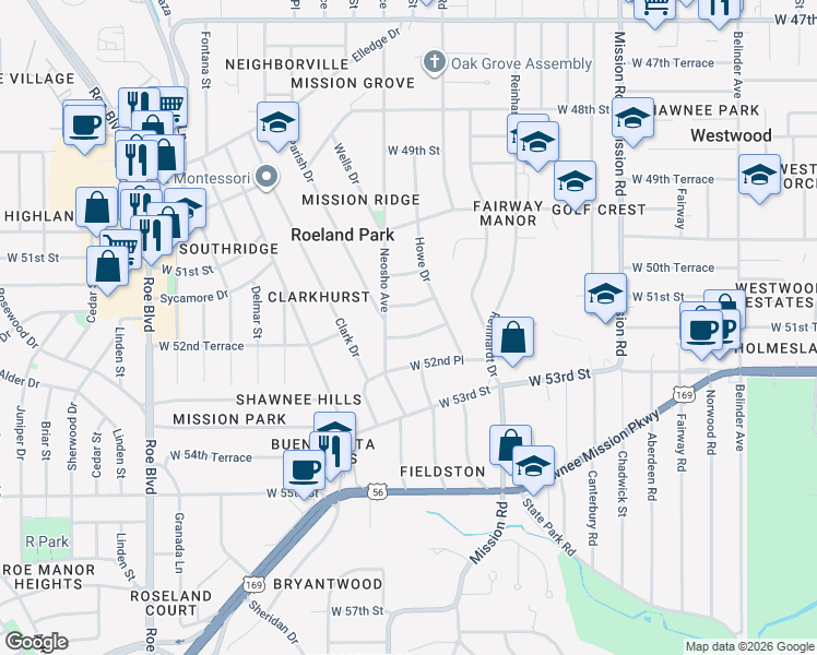 map of restaurants, bars, coffee shops, grocery stores, and more near 3719 West 52nd Terrace in Roeland Park