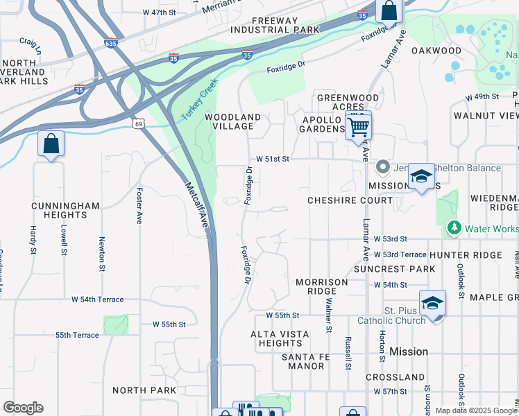 map of restaurants, bars, coffee shops, grocery stores, and more near 6820 West 52nd Place in Mission