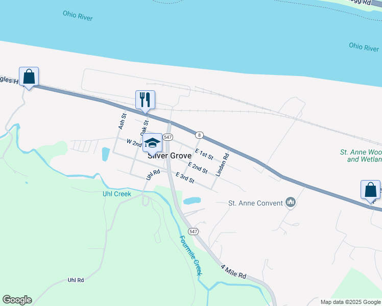 map of restaurants, bars, coffee shops, grocery stores, and more near 126 East 1st Street in Silver Grove