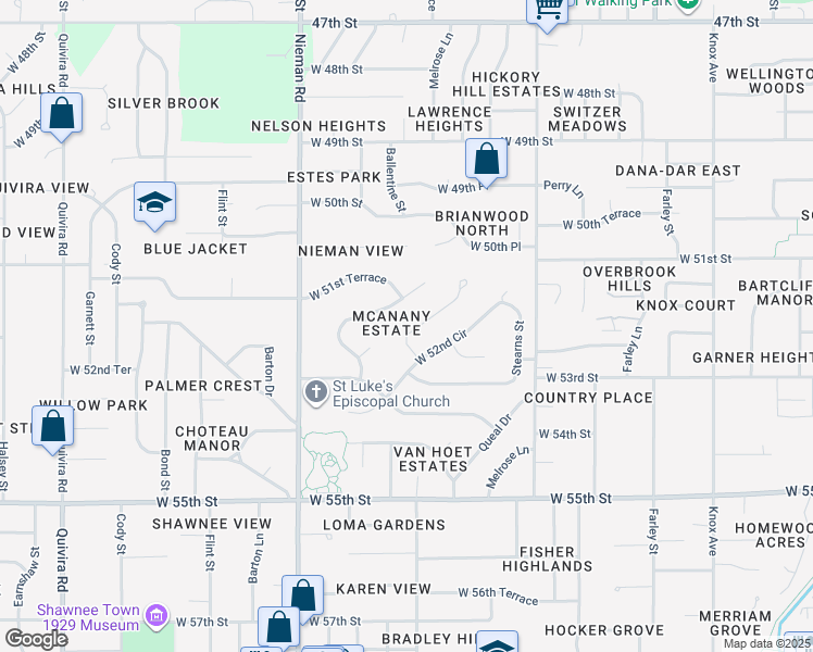 map of restaurants, bars, coffee shops, grocery stores, and more near 5131 Ballentine Street in Shawnee