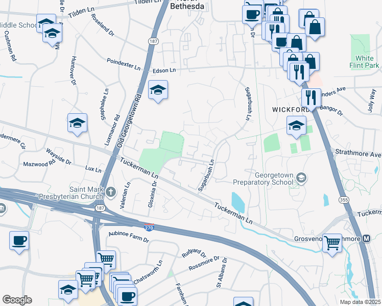 map of restaurants, bars, coffee shops, grocery stores, and more near 5 Luxberry Court in North Bethesda
