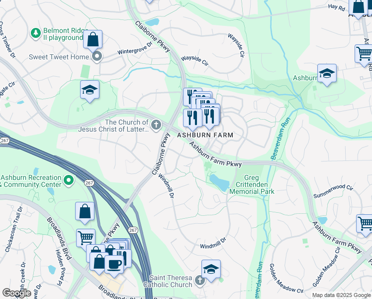 map of restaurants, bars, coffee shops, grocery stores, and more near 21026 Coach House Square in Ashburn