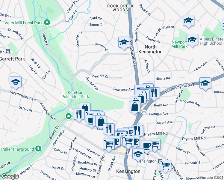 map of restaurants, bars, coffee shops, grocery stores, and more near 3912 Lawrence Avenue in Kensington