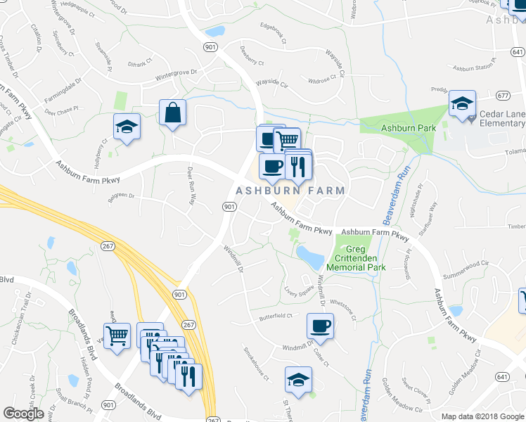 map of restaurants, bars, coffee shops, grocery stores, and more near 21026 Coach House Square in Ashburn